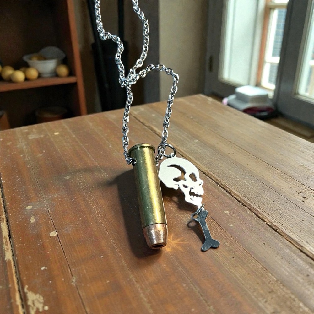 🆕 357 Magnum Hollow Point with Skull and Bones Pendant Necklace